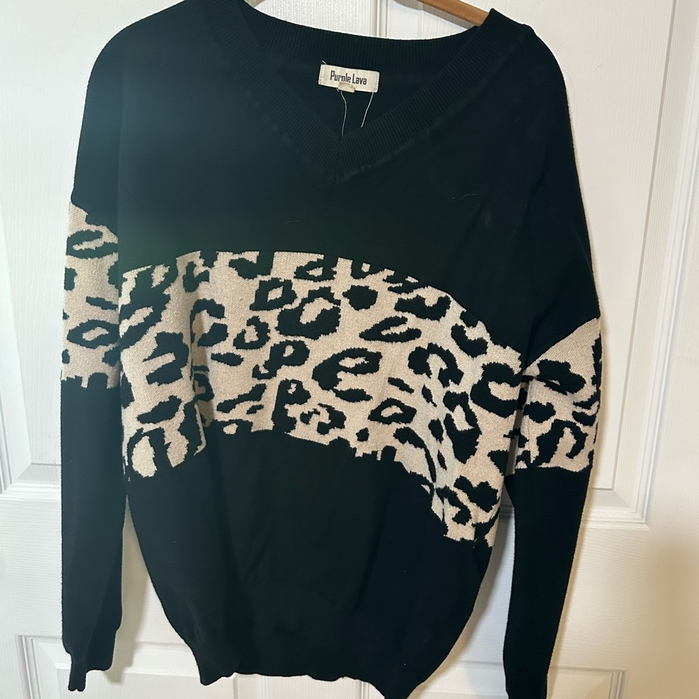Black and Cream Leopard V-Neck Sweater